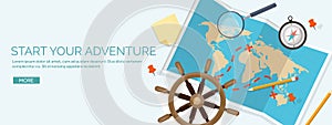 Travel and tourism flat style vector illustration. World earth map and globe. Trip tour journey,summer holidays
