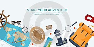 Travel and tourism flat style vector illustration. World earth map and globe. Trip tour journey,summer holidays