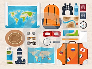 Travel and tourism. Flat style. World, earth map. Globe. Trip, tour, journey, summer holidays. Travelling,exploring