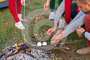 Travel, tourism, hike, picnic and people concept - group of happy friends frying sausages on campfire near lake