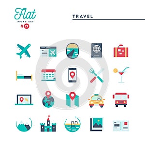 Travel, tourism, hotel, sightseeing and more, flat icons set