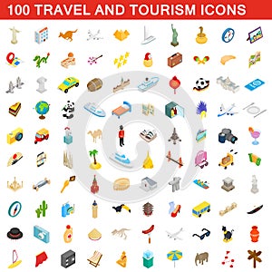 100 travel and tourism icons set, isometric style