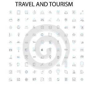 travel and tourism icons, signs, outline symbols, concept linear illustration line collection