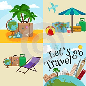 Travel tourism icons vector illustration, vacation traveling on airplane, planning a summer , and journey objects