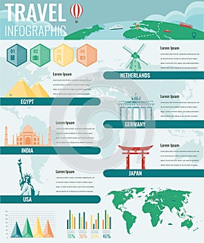 Travel and Tourism Infographic set with famous world landmarks, charts and maps. Vector