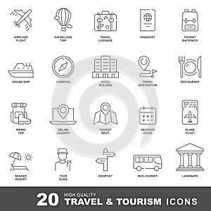 Travel and tourism line icons. Vacation and hotel icon set with editable stroke