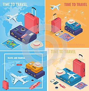 Travel and Tourism template with famous landmarks and travel stuff. Vector