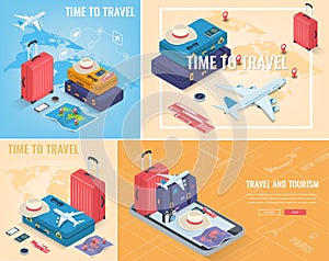 Travel and Tourism template with famous landmarks and travel stuff. Vector