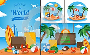 Travel and Tourism template with famous landmarks and travel stuff. Vector