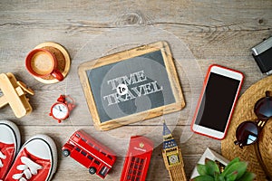 Travel and tourism to London, Great Britain background with chalkboard and souvenirs on wooden table