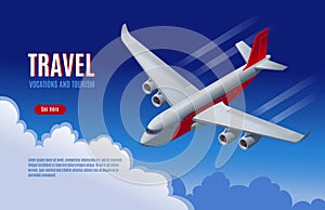 Travel and tourism. Tourist and business flights around the world. Isometric vector illustration on isolated background