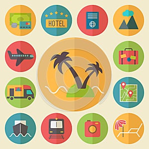 Travel, tourism and vacation icons set, flat