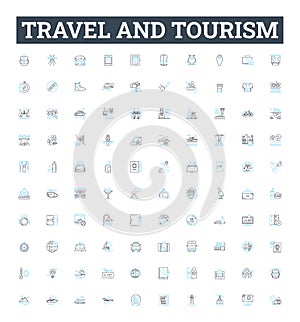 Travel and tourism vector line icons set. Voyage, Trip, Adventure, Tour, Excursion, Sightseeing, Jaunt illustration