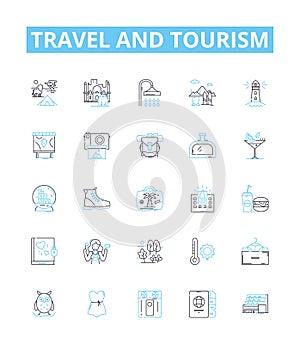 Travel and tourism vector line icons set. Voyage, Trip, Adventure, Tour, Excursion, Sightseeing, Jaunt illustration