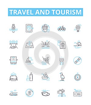 Travel and tourism vector line icons set. Voyage, Trip, Adventure, Tour, Excursion, Sightseeing, Jaunt illustration