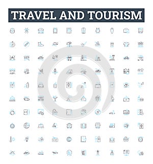 Travel and tourism vector line icons set. Voyage, Trip, Adventure, Tour, Excursion, Sightseeing, Jaunt illustration photo
