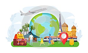 Travel tourist people concept, vector illustration. Adventure around world, tourism vacation by airplane, holiday