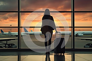 Travel tourist standing with luggage watching sunset at airport window.