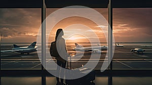 Travel tourist standing with luggage watching sunset at airport window. Unrecognizable woman looking at lounge looking at