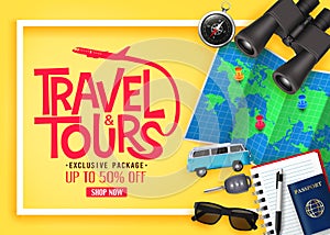 Travel and Tours Ads Banner Up To 50% Off Exclusive Package with Vector 3D Realistic Traveling Item