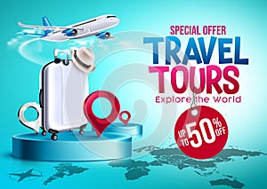 Travel tours sale vector banner design. Travel tours special offer text up to 50% off with luggage and airplane travelling element