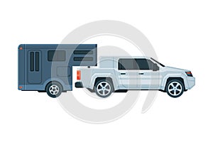 Travel Trailer and Car Crossover, Mobile Home for Trip, Summer Tourism and Vacation Flat Vector Illustration