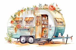 Travel Trailer Caravan with different decorations. Objects on light background