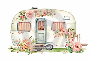 Travel Trailer Caravan with different decorations. Objects on light background