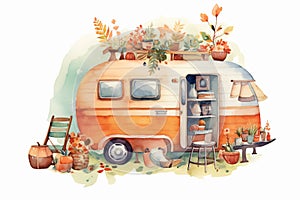 Travel Trailer Caravan with different decorations. Objects on light background