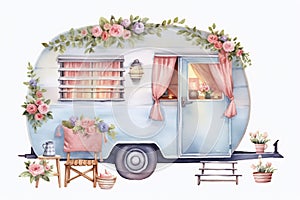Travel Trailer Caravan with different decorations. Objects on light background