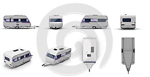 Travel Trailer Caravan renders set from different angles on a white. 3D illustration