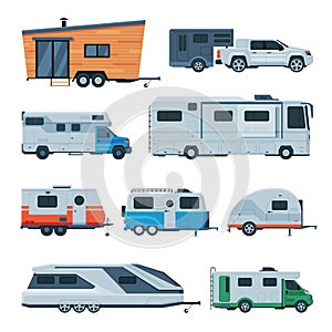 Travel Trailers Collection, Modern Mobile Homes for Summer Adventures, Family Tourism and Vacation Flat Vector