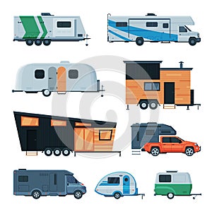 Travel Trailers Collection, Modern Mobile Homes for Summer Trip, Family Tourism and Vacation Flat Vector Illustration