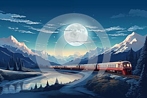 Travel by train in a beautiful mountain landscape, illustration generated by AI