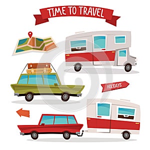 Travel Transportation Set. Travel Camper. Family Van