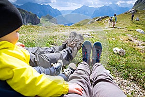 Travel trekking leisure holiday concept. Mangart, Julian Alps, N photo