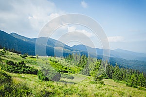 Travel, trekking, nature. Majestic, high green mountains. Horizontal frame