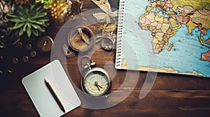 Travel, trip vacation, tourism mockup - close up of compass, glass of water note pad, pen and toy airplane, and touristic map on