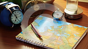 Travel, trip vacation, tourism mockup - close up of compass, glass of water note pad, pen and toy airplane, and touristic map on