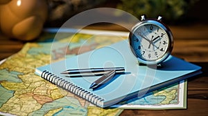 Travel, trip vacation, tourism mockup - close up of compass, glass of water note pad, pen and toy airplane, and touristic map on