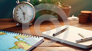 Travel, trip vacation, tourism mockup - close up of compass, glass of water note pad, pen and toy airplane, and touristic map on