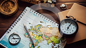 Travel, trip vacation, tourism mockup - close up of compass, glass of water note pad, pen and toy airplane, and touristic map on