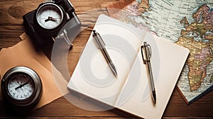 Travel, trip vacation, tourism mockup - close up of compass, glass of water note pad, pen and toy airplane, and touristic map on
