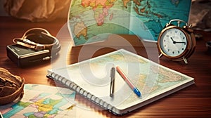 Travel, trip vacation, tourism mockup - close up of compass, glass of water note pad, pen and toy airplane, and touristic map on