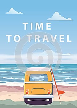 Travel, trip vector illustration. Ocean, sea, seascape. Surfing van, bus on beach. Summer holidays. Ocean background on