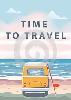 Travel, trip vector illustration. Ocean, sea, seascape. Surfing van, camper, bus on beach. Summer holidays. Ocean