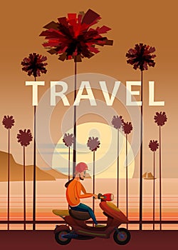 Travel, trip vector illustration. Sunset, ocean, sea, seascape. Surfing scooter, moped on road palm beach. Summer