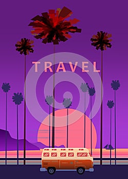 Travel, trip vector illustration. Sunset, ocean, sea, seascape. Surfing van, bus on road palm beach. Summer holidays