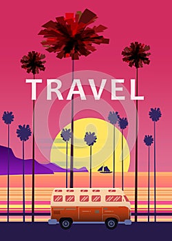 Travel, trip vector illustration. Sunset, ocean, sea, seascape. Surfing van, bus on road palm beach. Summer holidays