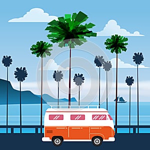 Travel, trip vector illustration. Sunset, ocean, sea, seascape. Surfing van, bus on road palm beach. Summer holidays